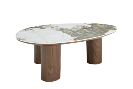 Living - Măsuță de cafea ORGANIKO 110 cm, aspect ceramic alb-maro, cu cadru aspect lemn de nuc