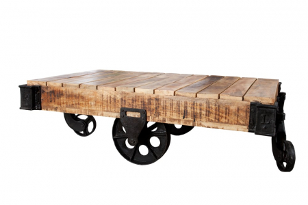 Masute de cafea - Masuta de cafea Railway din lemn masiv de mango si picioare metalice in forma de rotile