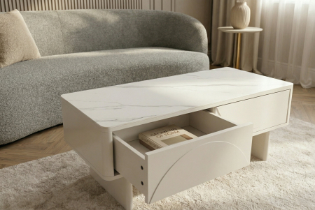 Măsuță de cafea SAVOY 120 cm 3D albă cu blat din ceramică imitație de marmură albă [5]
