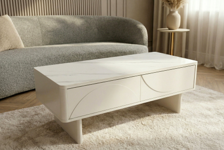 Măsuță de cafea SAVOY 120 cm 3D albă cu blat din ceramică imitație de marmură albă [1]