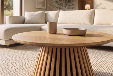 Măsuță de cafea VALHALLA WOOD Ø 70 cm, rotundă, cu bază canelată, placată cu lemn de stejar natural [2]