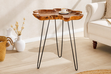 Masuta laterala WILD 65cm din lemn de tec maro natural cu picioare negre in forma de ac de par [3]