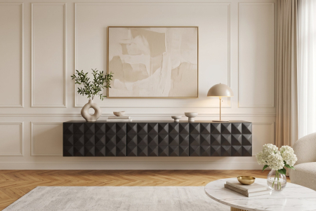 Comoda TV VULCANO 160 cm suspendată, fațadă 3D, cu orificiu pentru cabluri, lemn de mango, negru [4]