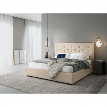 Pat Seri bej cu tapițerie din catifea și ladă depozitare 140x200 [4]