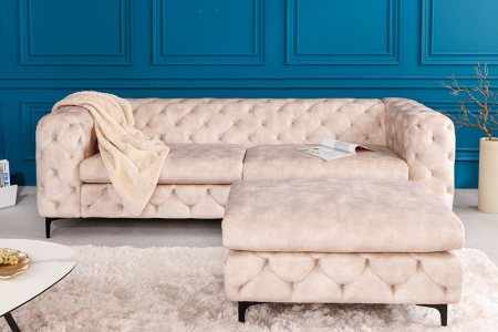 Puf Modern Barock cu tapiterie din catifea si lemn de pin, bej deschis [5]