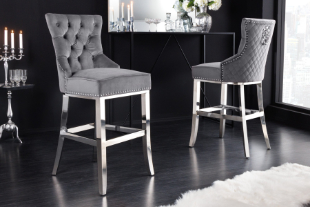 Scaun de bar CASTLE DELUXE din catifea gri cu accesoriu in forma de cap de leu [1]