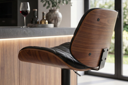 Scaun de bar CHICAGO rotativ la 360°, înălțime reglabilă între 89 și 111 cm, din piele artificială, furnir de plop negru [6]