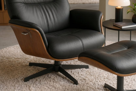 Scaun VOGUE 50 cm, rotativ la 360°, finisaj furnir de nuc, piele artificială neagră [7]