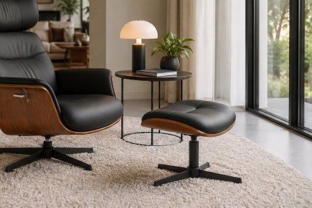 Scaun VOGUE 50 cm, rotativ la 360°, finisaj furnir de nuc, piele artificială neagră [1]