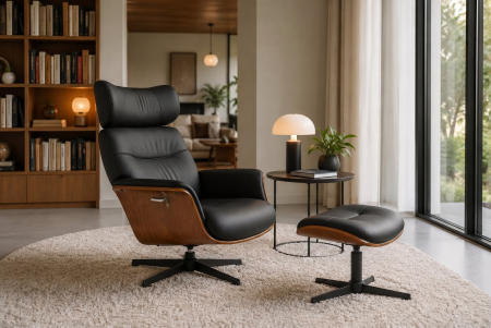 Scaun VOGUE 50 cm, rotativ la 360°, finisaj furnir de nuc, piele artificială neagră [6]