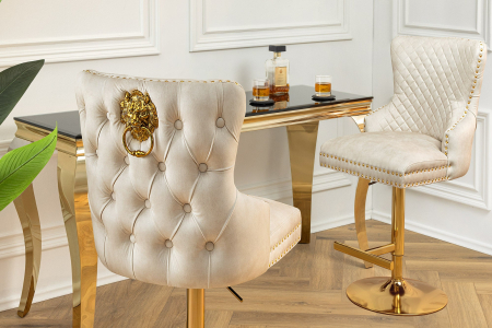 Set 2 scaune CASTLE cu inaltime ajustabila din catifea bej si cu accesoriu in forma de caap de leu [4]