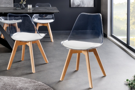 Set 2 scaune SCANDINAVIA MEISTERSTÜCK transparente cu sezut din piele alba si picioare din lemn de fag [1]