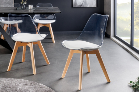 Set 2 scaune SCANDINAVIA MEISTERSTÜCK transparente cu sezut din piele alba si picioare din lemn de fag [3]