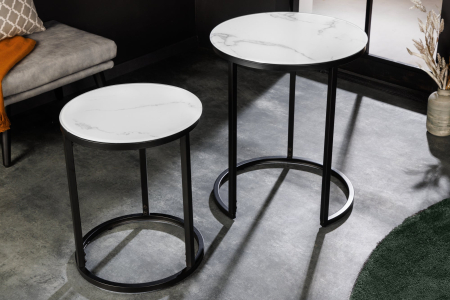 Set de 2 măsuțe laterale ELEGANCE Ø 50-60cm rotunde, aspect marmură alba , cadru negru [2]