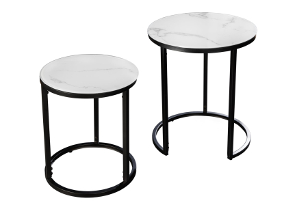 Masute de cafea - Set de 2 măsuțe laterale ELEGANCE Ø 50-60cm rotunde, aspect marmură alba , cadru negru