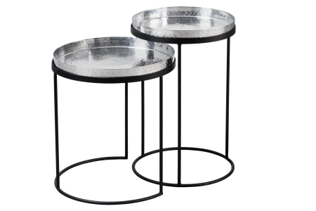 Living - Set de 2 măsuțe laterale ELEMENTS cu tăvi detașabile argintii , efect de lovitură de ciocan