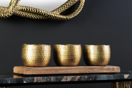 Set de 3 boluri ORIENT cu efect de ciocănitură, cu bază din lemn natural de mango auriu [5]