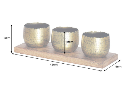 Set de 3 boluri ORIENT cu efect de ciocănitură, cu bază din lemn natural de mango auriu [12]