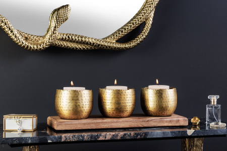 Set de 3 boluri ORIENT cu efect de ciocănitură, cu bază din lemn natural de mango auriu [3]