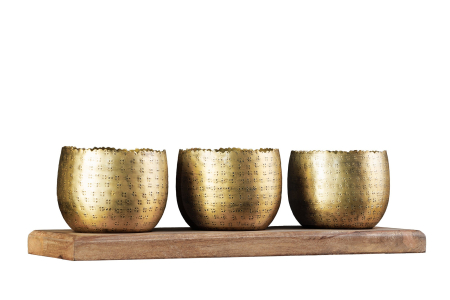 Decorațiuni - Set de 3 boluri ORIENT cu efect de ciocănitură, cu bază din lemn natural de mango auriu