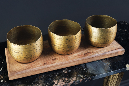 Set de 3 boluri ORIENT cu efect de ciocănitură, cu bază din lemn natural de mango auriu [6]