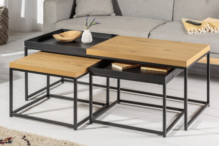 Set de 3 masute de cafea industriala LOFT cu tava detasabila, aspect stejar [1]