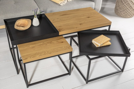 Set de 3 masute de cafea industriala LOFT cu tava detasabila, aspect stejar [3]