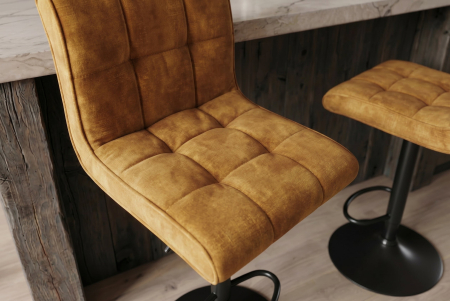 Set două scaune de bar MODENA, înălțime reglabilă între 92 și 116 cm, rotativ la 360°, din catifea galben muștar, cu cadru negru [2]