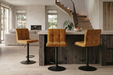 Set două scaune de bar MODENA, înălțime reglabilă între 92 și 116 cm, rotativ la 360°, din catifea galben muștar, cu cadru negru [1]