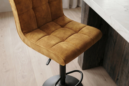 Set două scaune de bar MODENA, înălțime reglabilă între 92 și 116 cm, rotativ la 360°, din catifea galben muștar, cu cadru negru [3]
