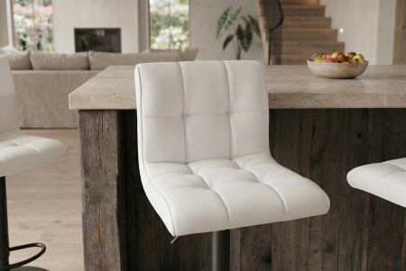 Set două scaune de bar MODENA, înălțime reglabilă între 92 și 116 cm, rotativ la 360°, din piele artificială albă cu cadru negru [2]