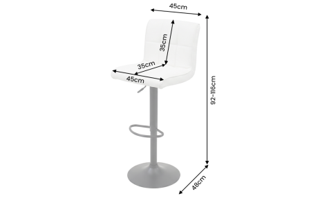 Set două scaune de bar MODENA, înălțime reglabilă între 92 și 116 cm, rotativ la 360°, din piele artificială albă cu cadru negru [7]
