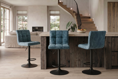 Set două scaune de bar MODENA, înălțime reglabilă între 96 și 116 cm, rotativ la 360°, catifea de culoare petrol cu cadru negru [1]