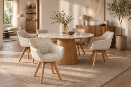 Set două scaune pivotant THE DUTCH COMFORT 180° cu revenire automată, cu cotiere, din tweed bouclé bej deschis, cu cadru din lemn de stejar [1]
