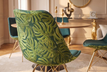 Set patru scaune SCANDINAVIA MEISTERSTÜCK cu imprimeu de frunze de monstera pe spătar, din catifea verde, cu picioare metalice aurii [5]