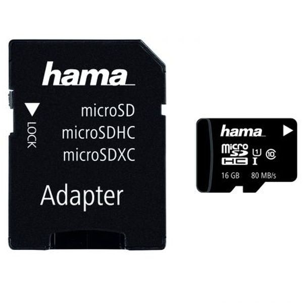 Card de memorie HAMA 124150 microSDHC, 16GB, clasa 10 UHS-I, 80MBs, adaptor [1]