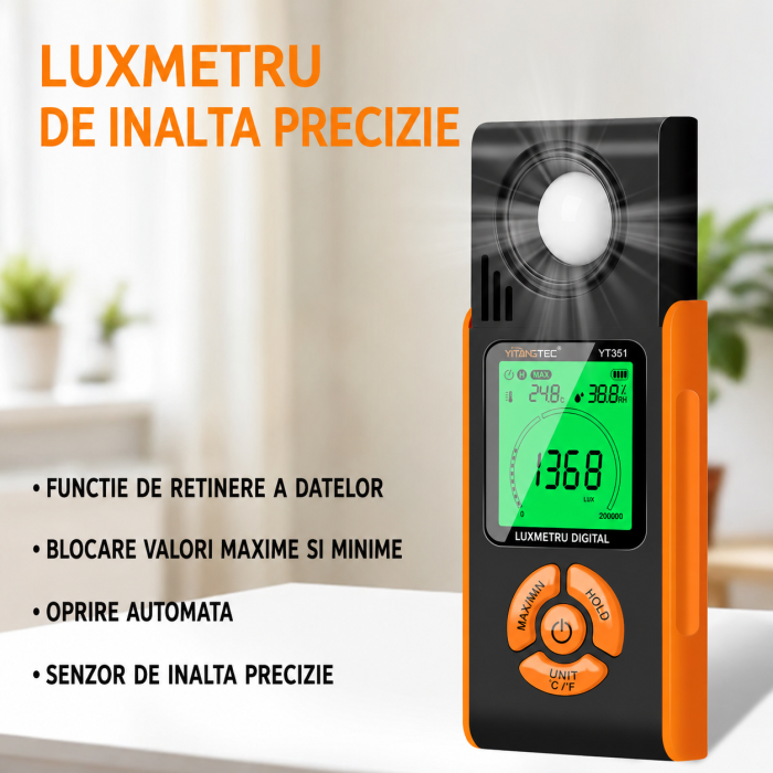 Luxmetru digital profesional YITANGTEC YT351S, 0-200000 Lux / 0-20000 FC, ecran LCD color, MAX/MIN, HOLD, senzor foto din siliciu, iluminare display [7]