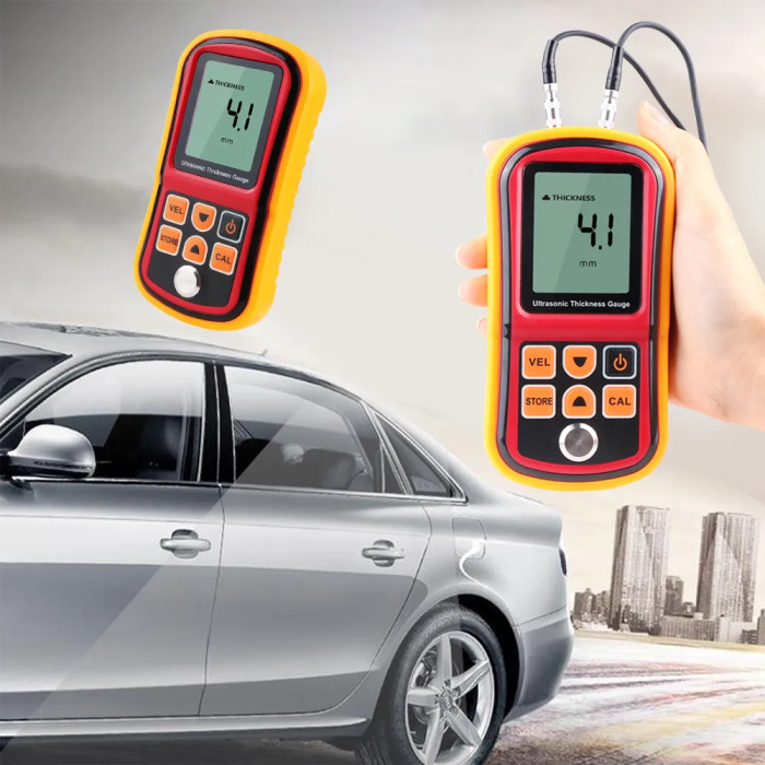 GM100A Tester grosime cu ultrasunete 1.2–220 mm otel, precizie ±1%, sonda 5MHz, rezolutie 0.1 mm, viteza reglabila 1000–9999 m/s [7]