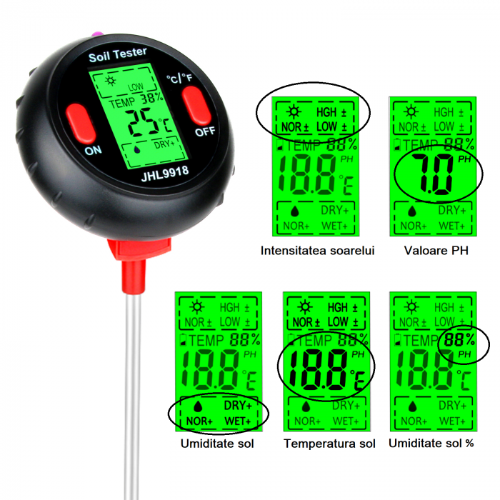 Aparat multifunctional sol, testare PH, valoare umiditate, temperatura pamant si mediu, luminozitate Optimus AT RZ9918 [2]