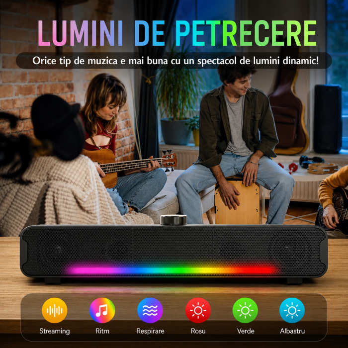 Boxa ONIKUMA L16 Bluetooth, 16W, Iluminare RGB, Soundbar Portabil pentru TV, Home Theater, Gaming și PC [4]