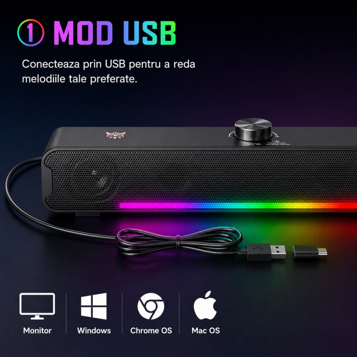 Boxa ONIKUMA L16 Bluetooth, 16W, Iluminare RGB, Soundbar Portabil pentru TV, Home Theater, Gaming și PC [5]