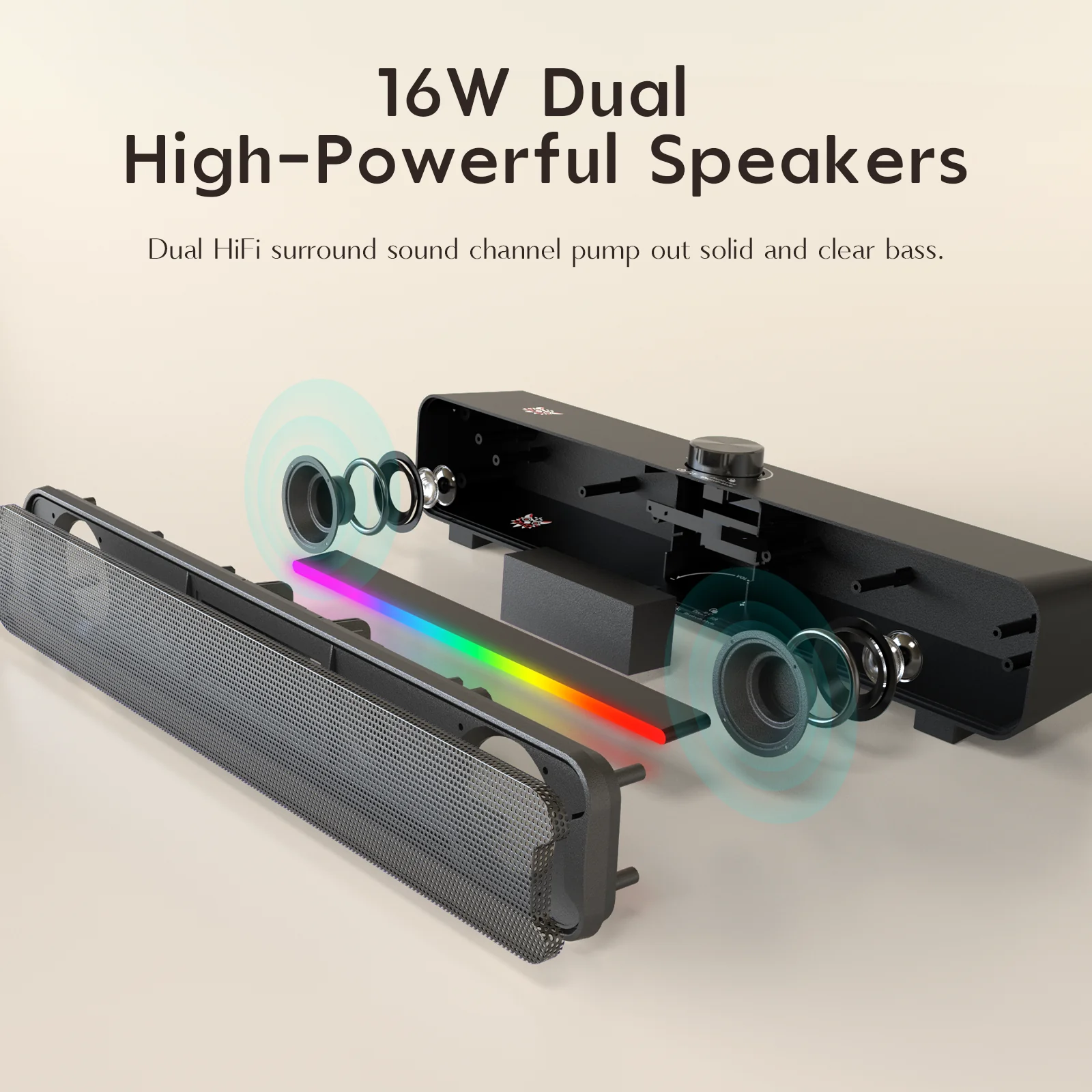 Boxa ONIKUMA L16 Bluetooth, 16W, Iluminare RGB, Soundbar Portabil pentru TV, Home Theater, Gaming și PC [3]