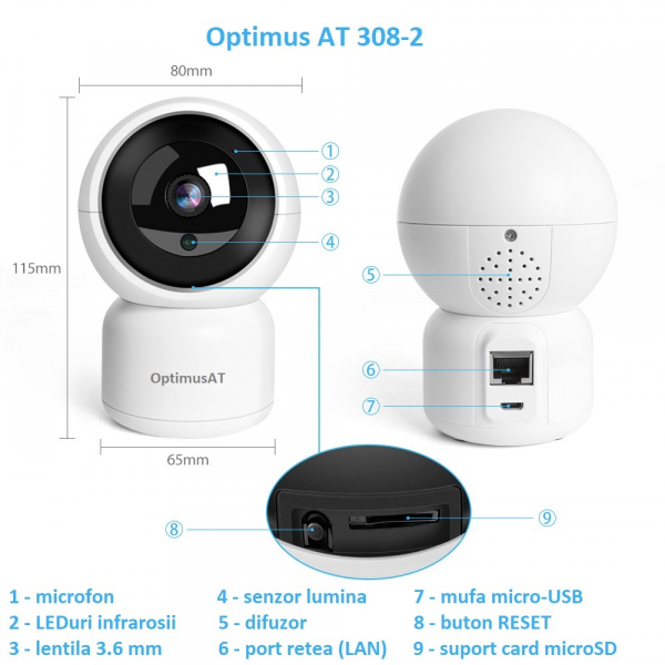 Camera supraveghere interior IP WIFI/LAN Optimus AT 308-2 fullHD 1920*1080P 2 mp comunicare bidirectionala, functie de auto urmarire subiect, night vision, aplicatie telefon [8]