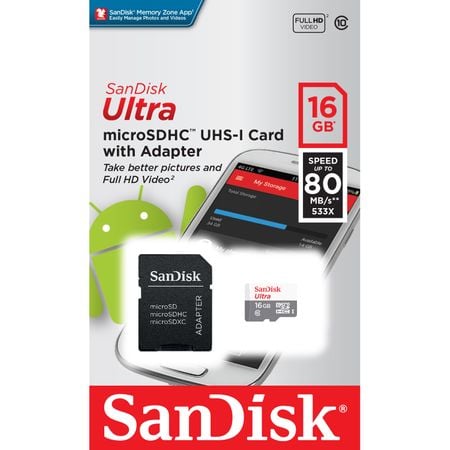 Card de memorie SanDisk Ultra MicroSDHC, 16GB, UHS-I, Class 10, 80MB/s + Adaptor [1]