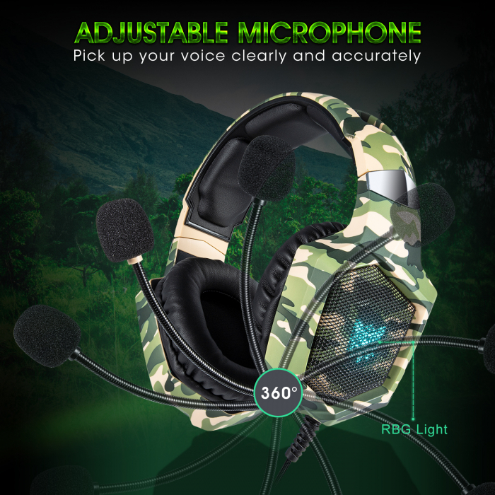 Casti Gaming DC-Onikuma K8 , Surround Sound 7.1, Microfon Noise Cancelling, Bass Vibration, Zero Ear Pressure, Multi Platform, Camouflage Verde [3]