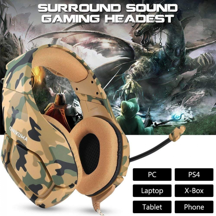 Casti Gaming Onikuma K1 PRO, Microfon Noise Cancelling, Zero Ear Pressure, Multi Platform - Camuflaj galben [3]