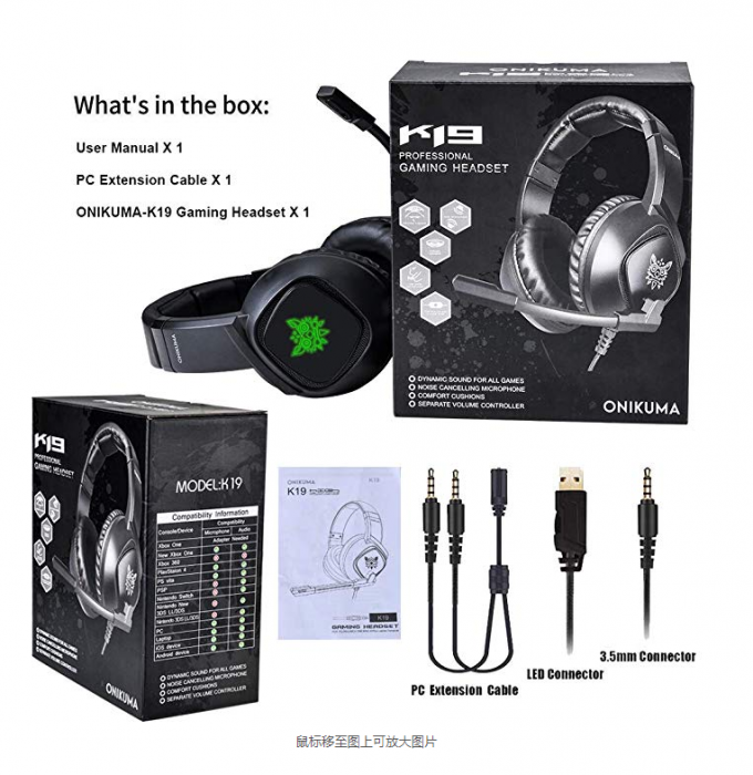 Casti Gaming Onikuma K19 Profesionale, Iluminare RGB, Surround Sound 7.1, Microfon Noise Cancelling, Zero Ear Pressure - Negru [5]
