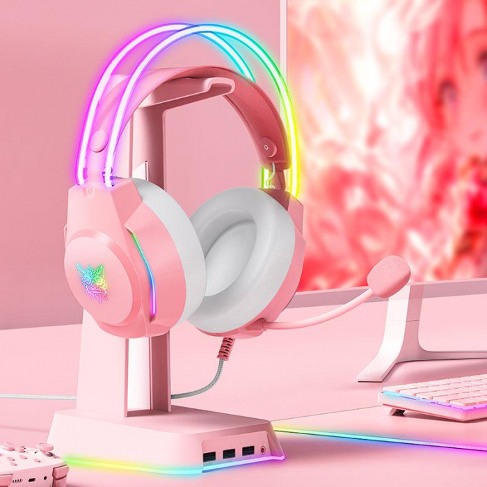 Casti Gaming Onikuma X26 Profesionale, Iluminare RGB, Microfon Noise Cancelling, Zero Ear Pressure, Multi Platform - Roz [3]