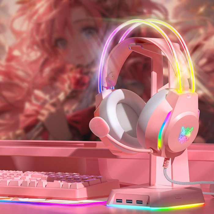 Casti Gaming Onikuma X26 Profesionale, Iluminare RGB, Microfon Noise Cancelling, Zero Ear Pressure, Multi Platform - Roz [5]