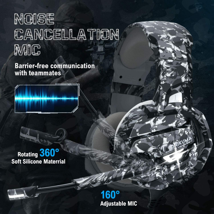 Casti Gaming DC-Onikuma K5 Profesionale, Surround Sound 7.1, Microfon Noise Cancelling, Zero Ear Pressure, Multi Platform - Camouflage Gri [2]